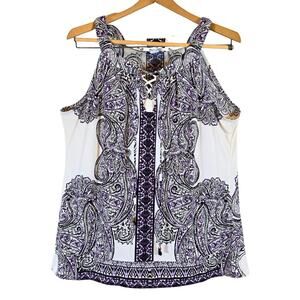 White house Black Market Top Purple White And Black Paisley Print Size L Large